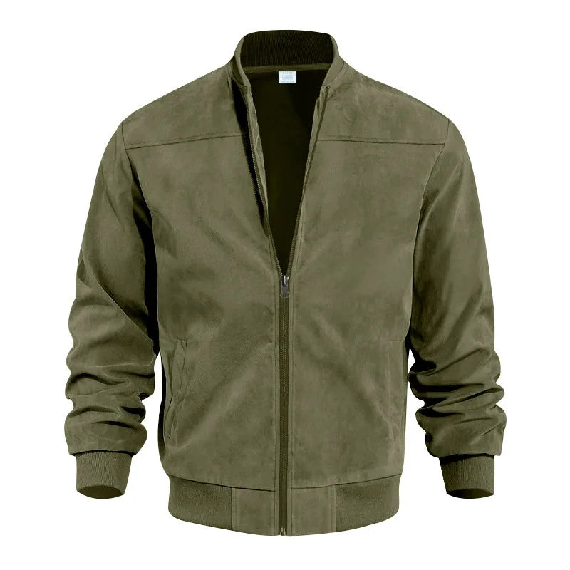 Men's brown suede bomber jacket with modern silhouette and premium soft texture by Wavlynn