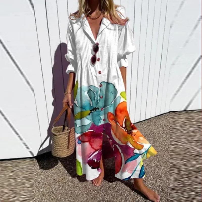 Floral bohemian midi dress in soft pastel tones, flowy lightweight silhouette with elegant draping