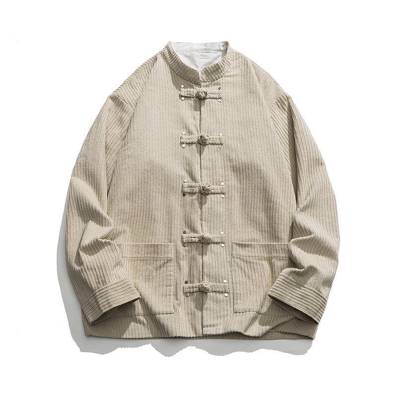 Oversized solid corduroy jacket with embroidered frog closure, Eastern-inspired sleek design