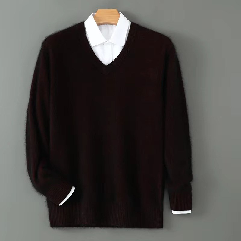 Men's cashmere blend V-neck knit pullover sweater loose fit, lightweight warm plus size winter style