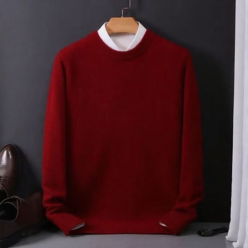 Men's oversized cashmere knit pullover sweater, O-neck relaxed fit, warm cozy style in neutral tone