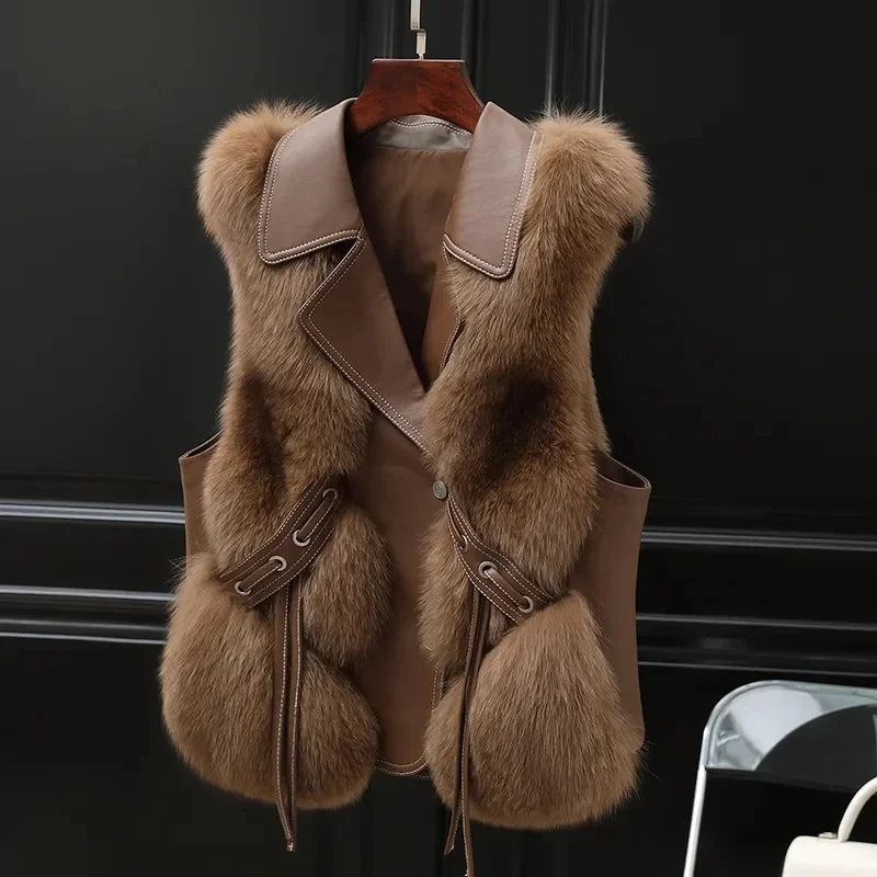 Clara regular fit fur vest with fur trim collar, tie detail, sleeveless silhouette for elegant evening style