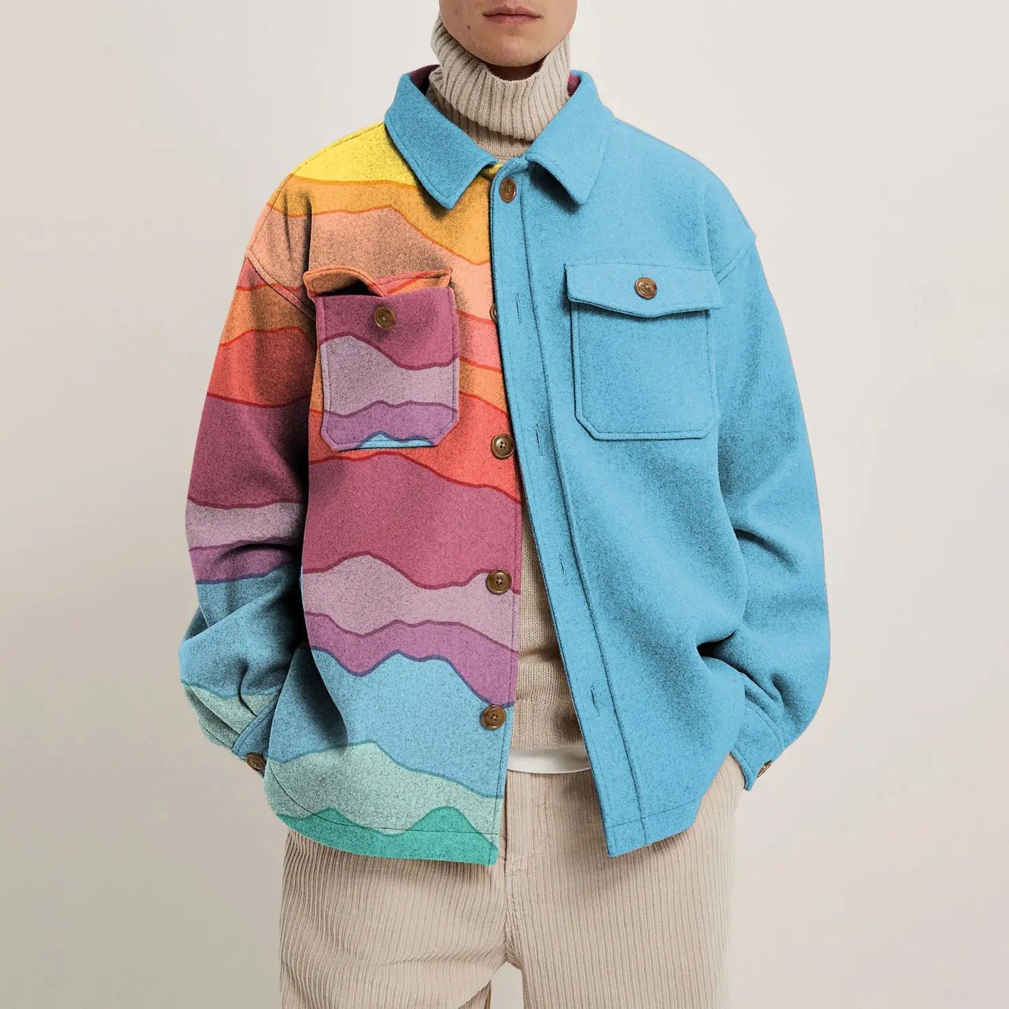 Acadia heavyweight abstract print shirt jacket with bold geometric lines and single-breasted design