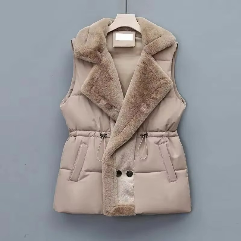 Women's sleeveless down cotton puffer vest with structured suit collar, lightweight layering piece