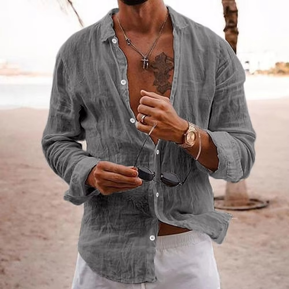 Men's light beige cotton linen casual shirt loose fit breathable lightweight vacation style