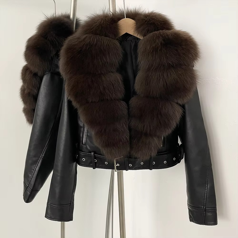 Women's black faux leather coat with plush faux fur collar, elegant long silhouette