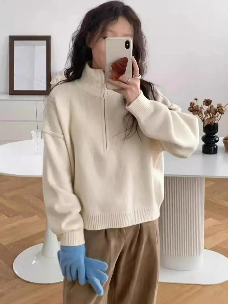 Aurora high neck knit sweater in cozy fabric with half-zipper closure for chic autumn layering