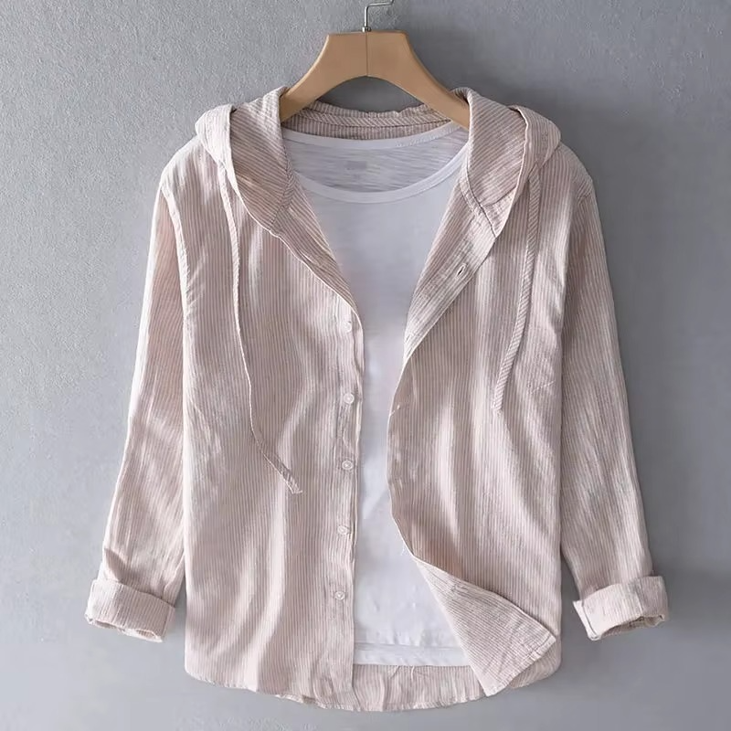 Men's beige cotton linen hooded shirt relaxed fit lightweight breathable long sleeve casual summer