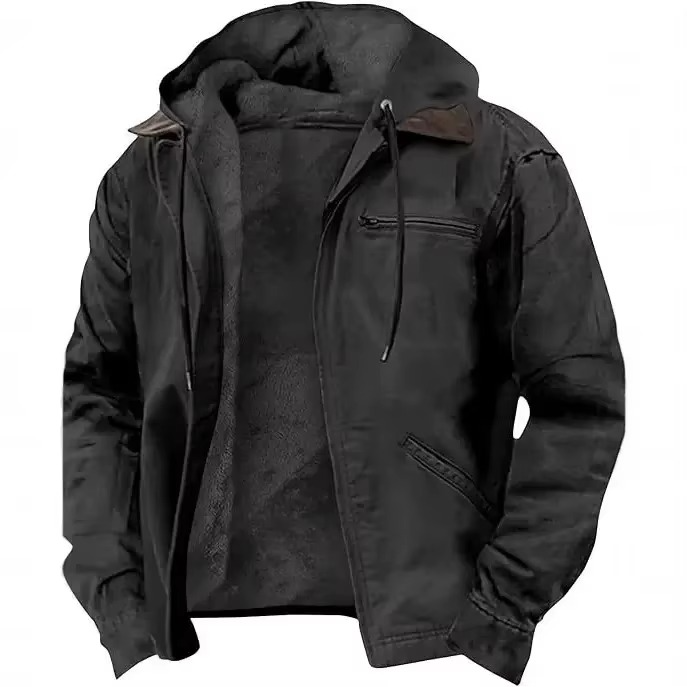 Men's heavyweight dark hooded workwear jacket relaxed fit wind-resistant insulated winter outdoor coat
