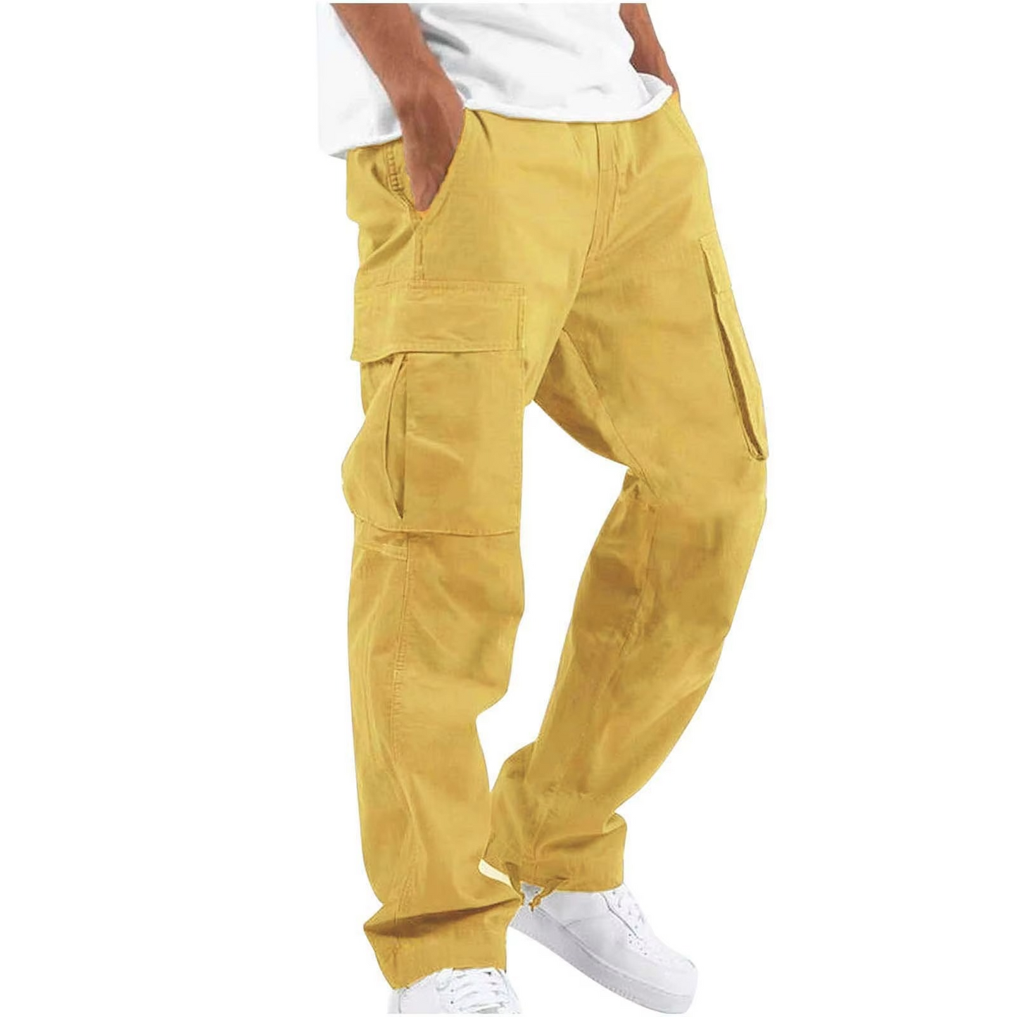 Men's solid cargo pants relaxed fit with multi-pocket design and adjustable drawstring waist
