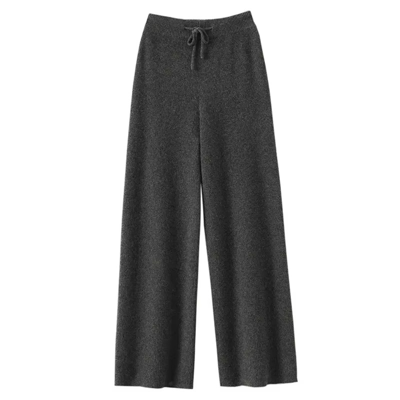 Women's high waist wide-leg woolen knit pants in neutral tones, cozy fall-winter soft knit fabric