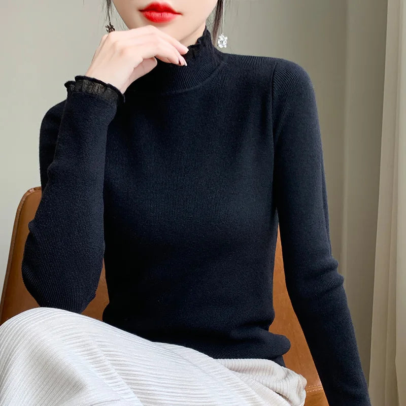 Fairlane ivory cashmere blend long sleeve top with charming ruffled mock neck detail