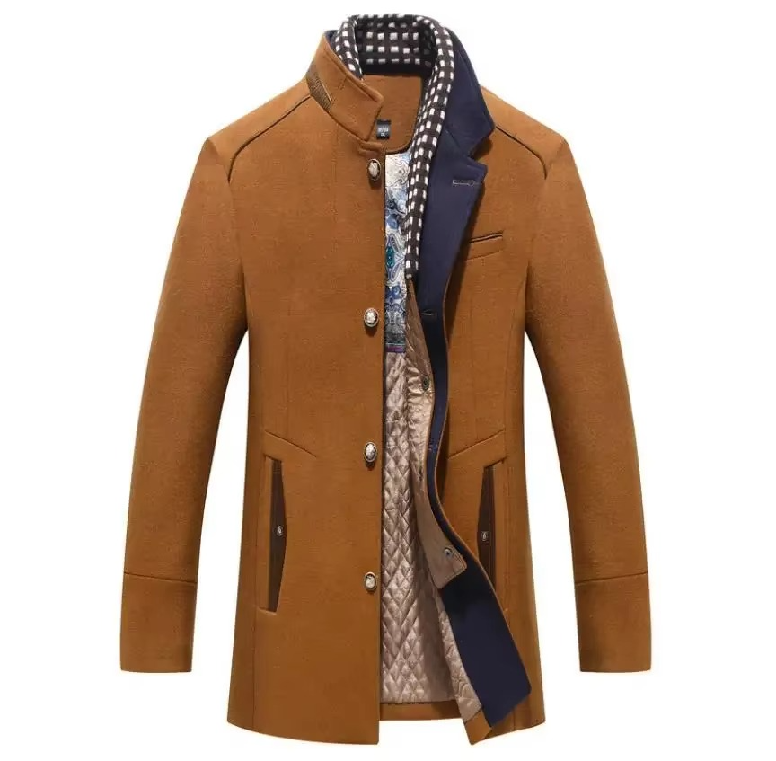 Men's charcoal wool blend overcoat with draped scarf collar, slim-fit silhouette for fall winter