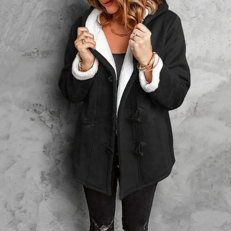 Clovain hooded fleece coat with toggle closures, cozy winter style in neutral tone