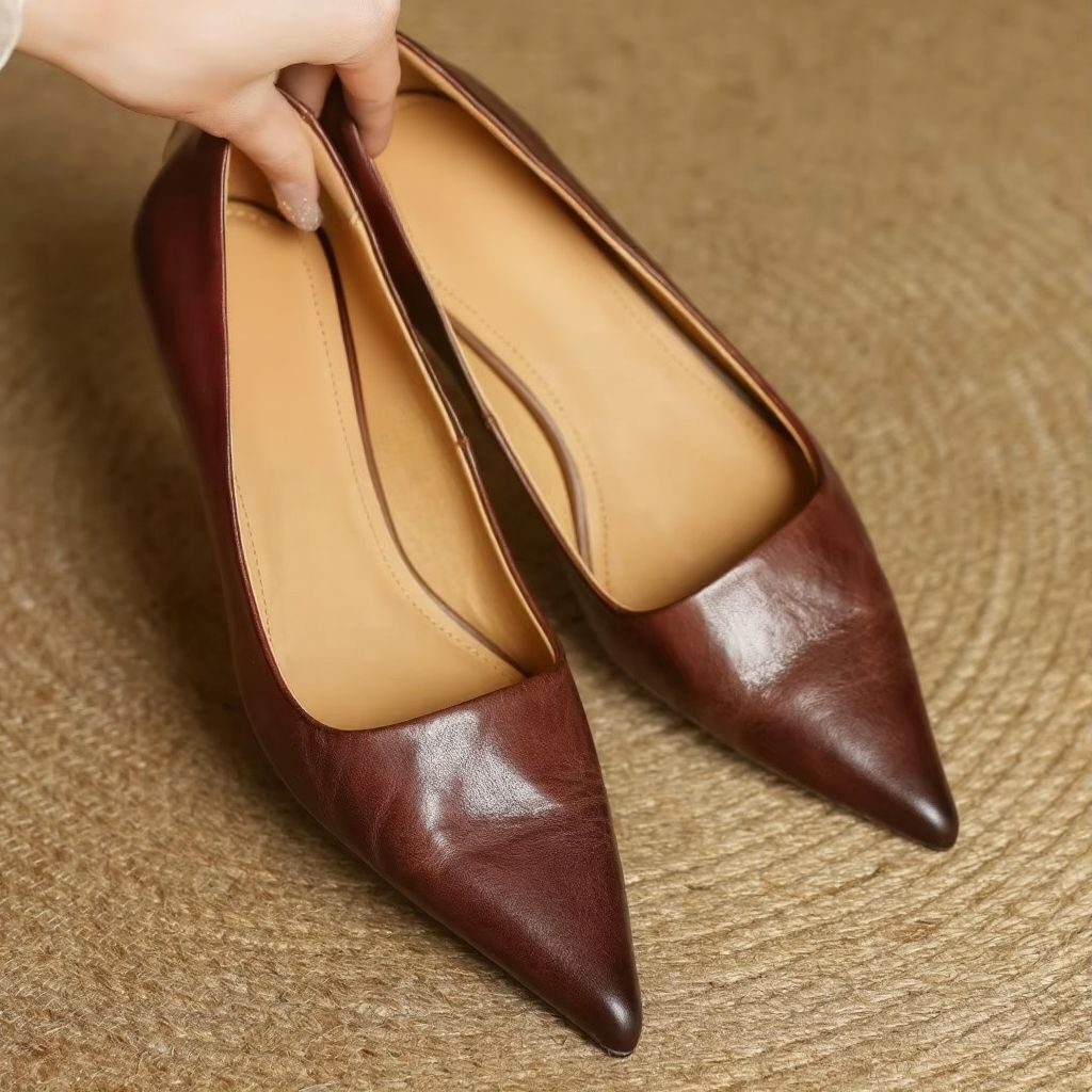 Women's black genuine leather pointed toe slip-on pumps with elegant 1.8-inch thin heel