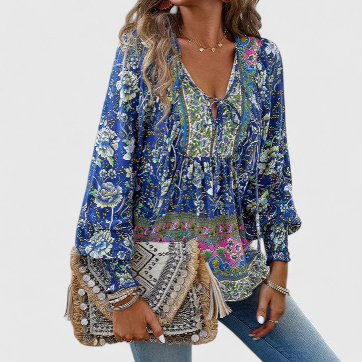 Women's pink floral boho blouse V-neck puff sleeve top with botanical print flowing silhouette