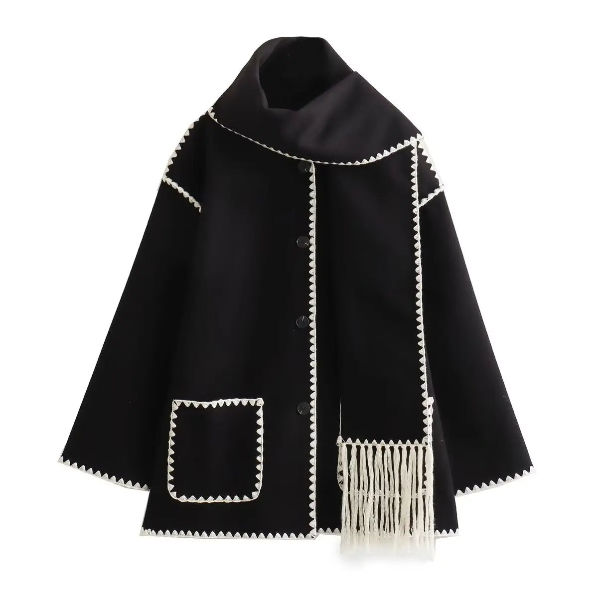 Warm wool blend french coat with integrated scarf and bold contrast whipstitching for winter