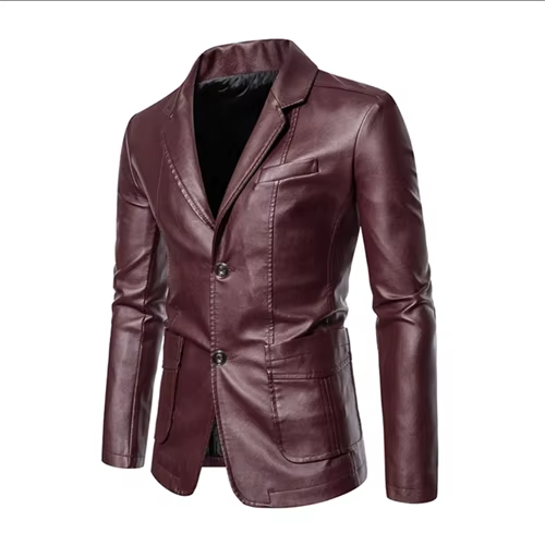 Men's black slim fit premium leather jacket with sleek suit collar for business casual wear