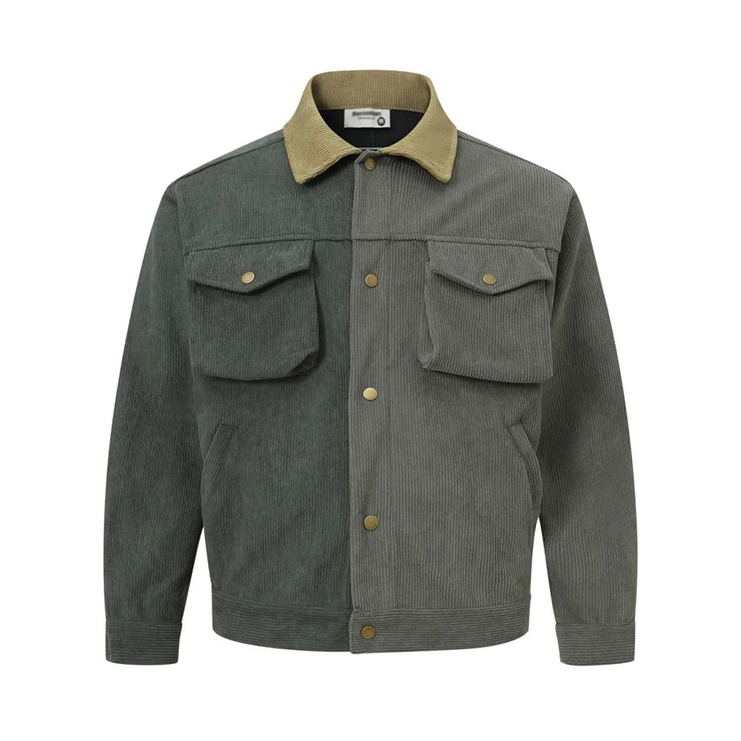 Color block corduroy jacket in multicolor with turn-down collar and button-down cotton blend design