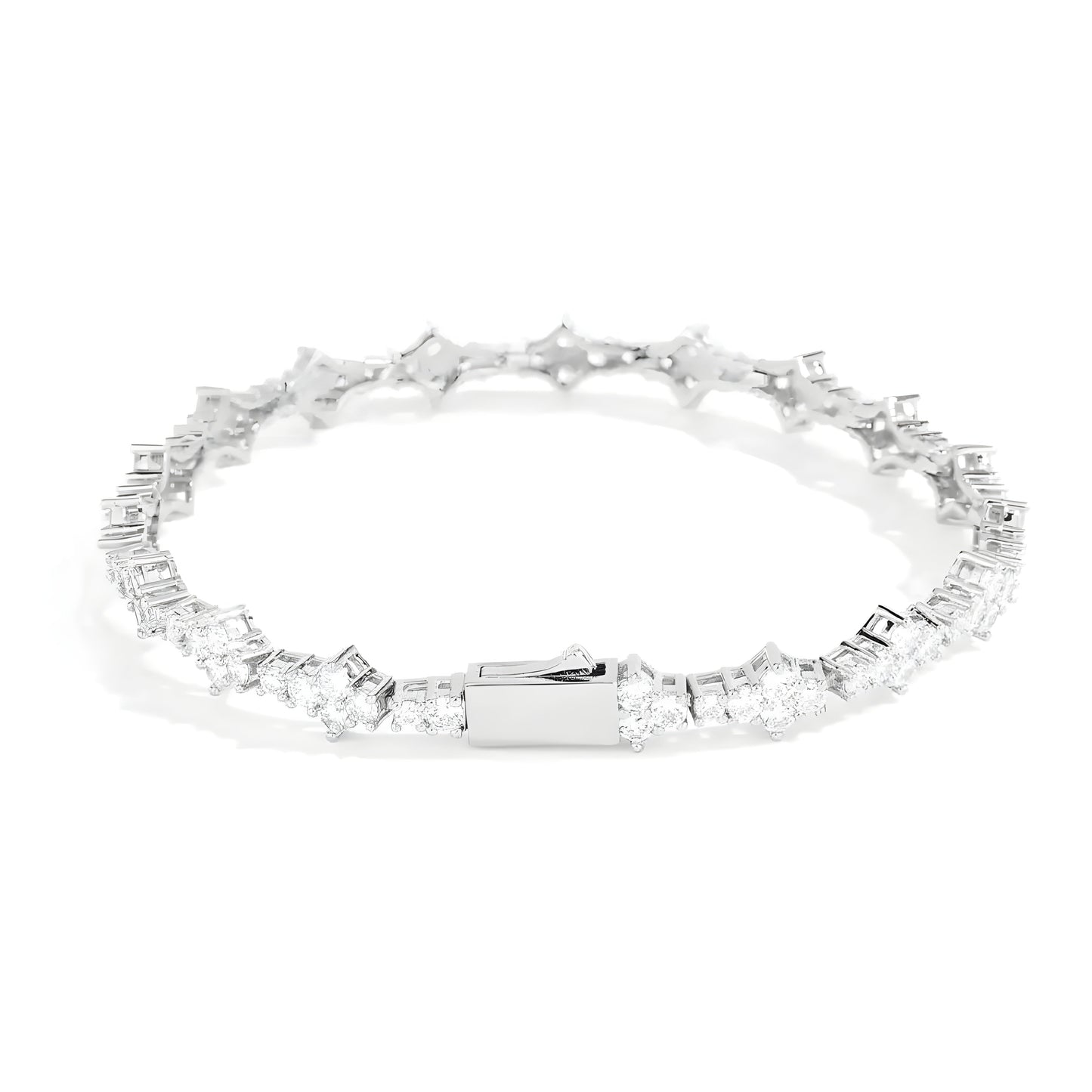 Silver cable chain bracelet with diamond-shaped rhinestone flower petals and geometric prong setting