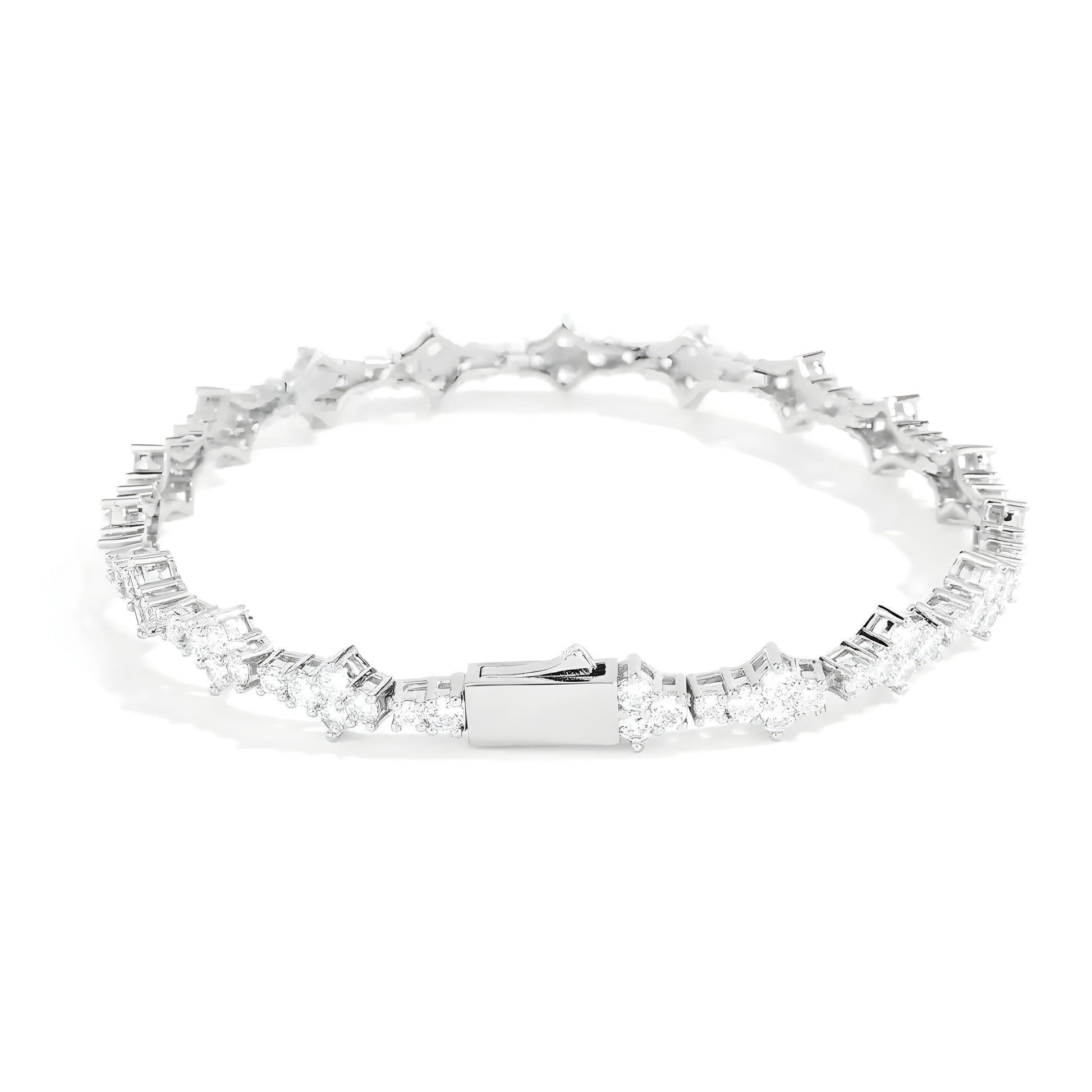 Silver cable chain bracelet with diamond-shaped rhinestone flower petals and geometric prong setting