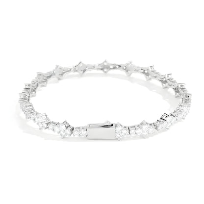 Silver cable chain bracelet with diamond-shaped rhinestone flower petals and geometric prong setting