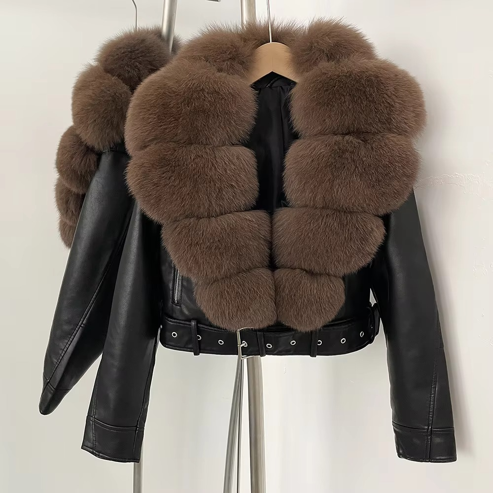 Women's black faux leather coat with plush faux fur collar, elegant winter style