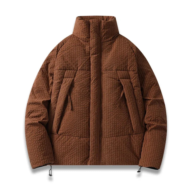 Men's navy quilted parka with plaid texture, structured fit, windproof insulated city coat