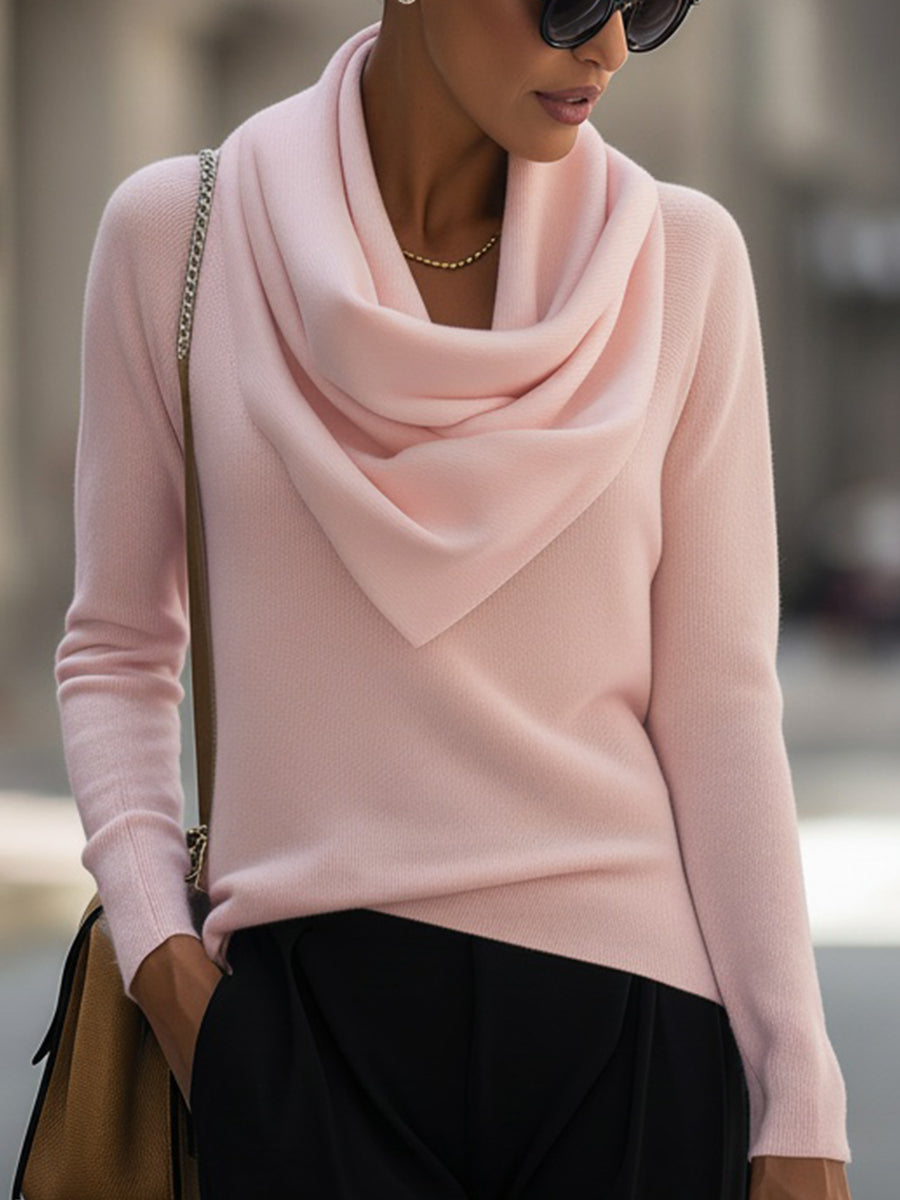 Beige draped cowl neck long-sleeve top with smooth flattering fit and elegant flowing silhouette