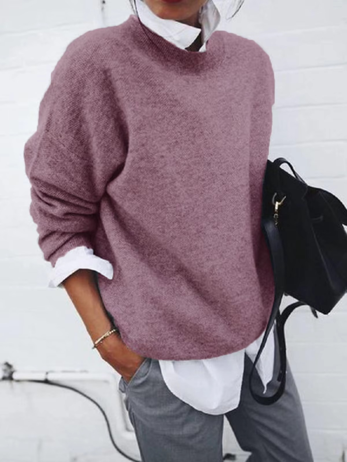 Women's knit pullover with shirt collar two-piece look, cozy soft fabric layered style
