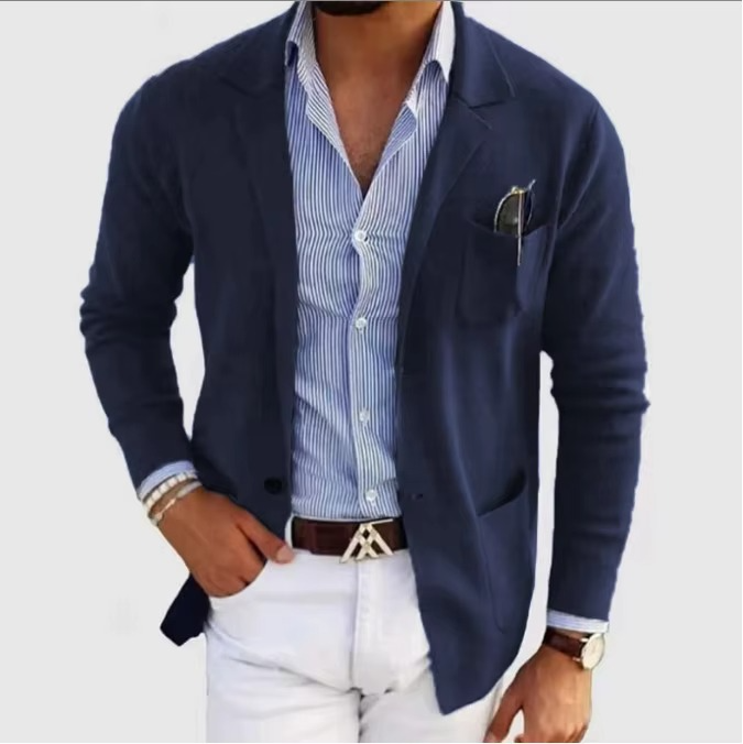 Men's solid color knitted cardigan coat turn-down collar multi-pocket minimalist single button closure