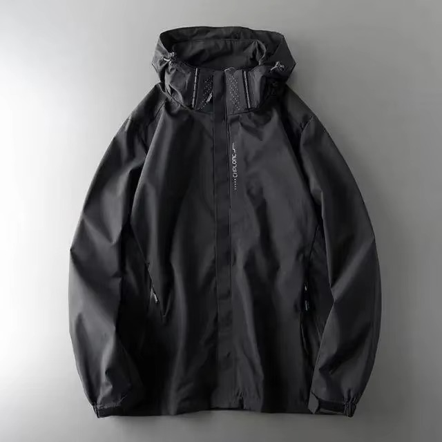 Men's lightweight waterproof windbreaker jacket in neutral tones, slim-fit with wind-resistant shell