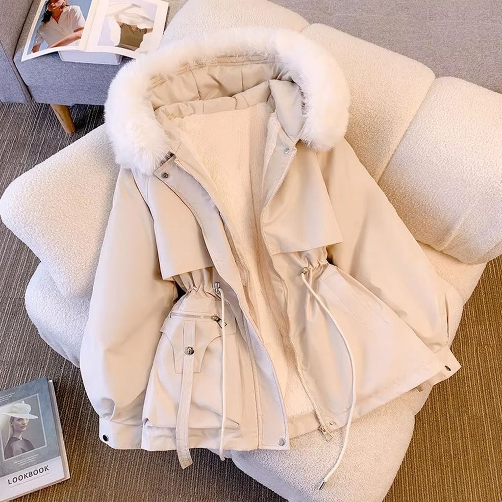 Women's fleece-lined down parka coat, cozy winter warmth with soft insulated lining, effortless style