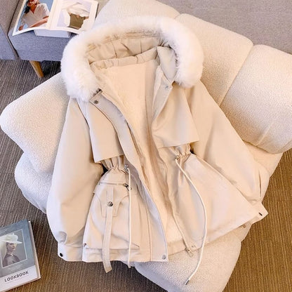 Women's fleece-lined down parka coat, cozy winter warmth with soft insulated lining, effortless style
