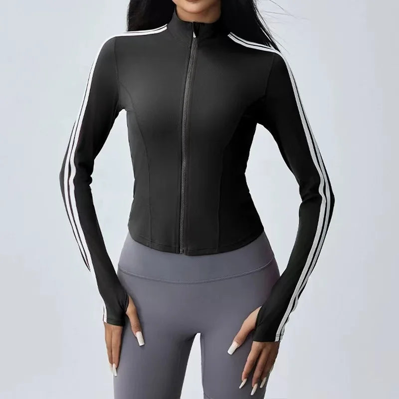 Ivy Line activewear zip-up top with bold contrast stripes, body-hugging athletic fit