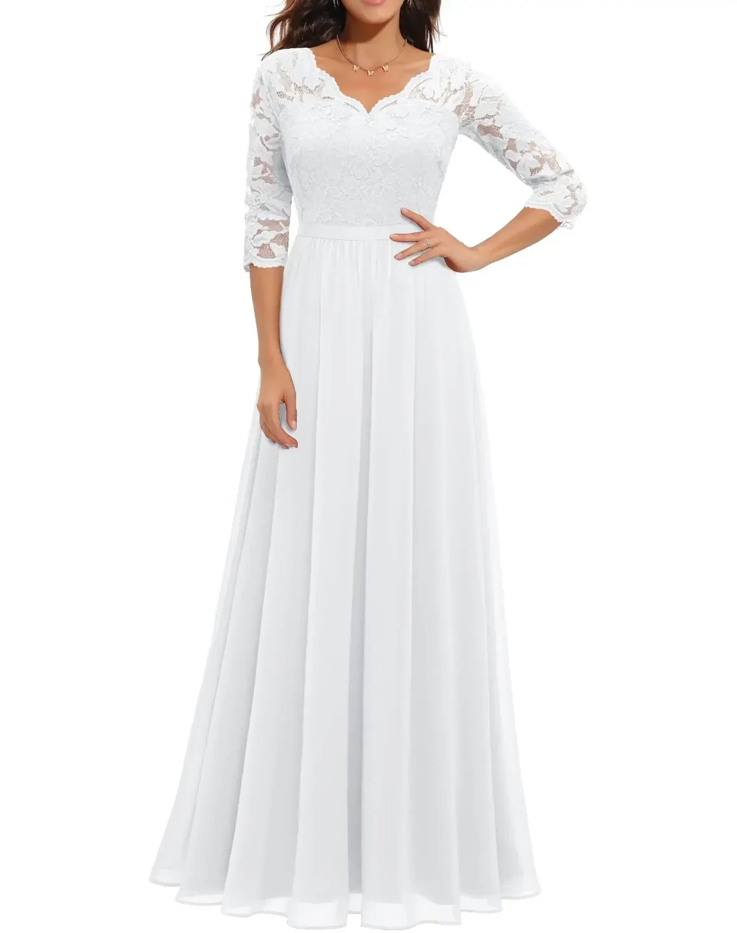 Women's elegant long lace dress with delicate lace bodice, flowing silhouette, perfect for formal occasions