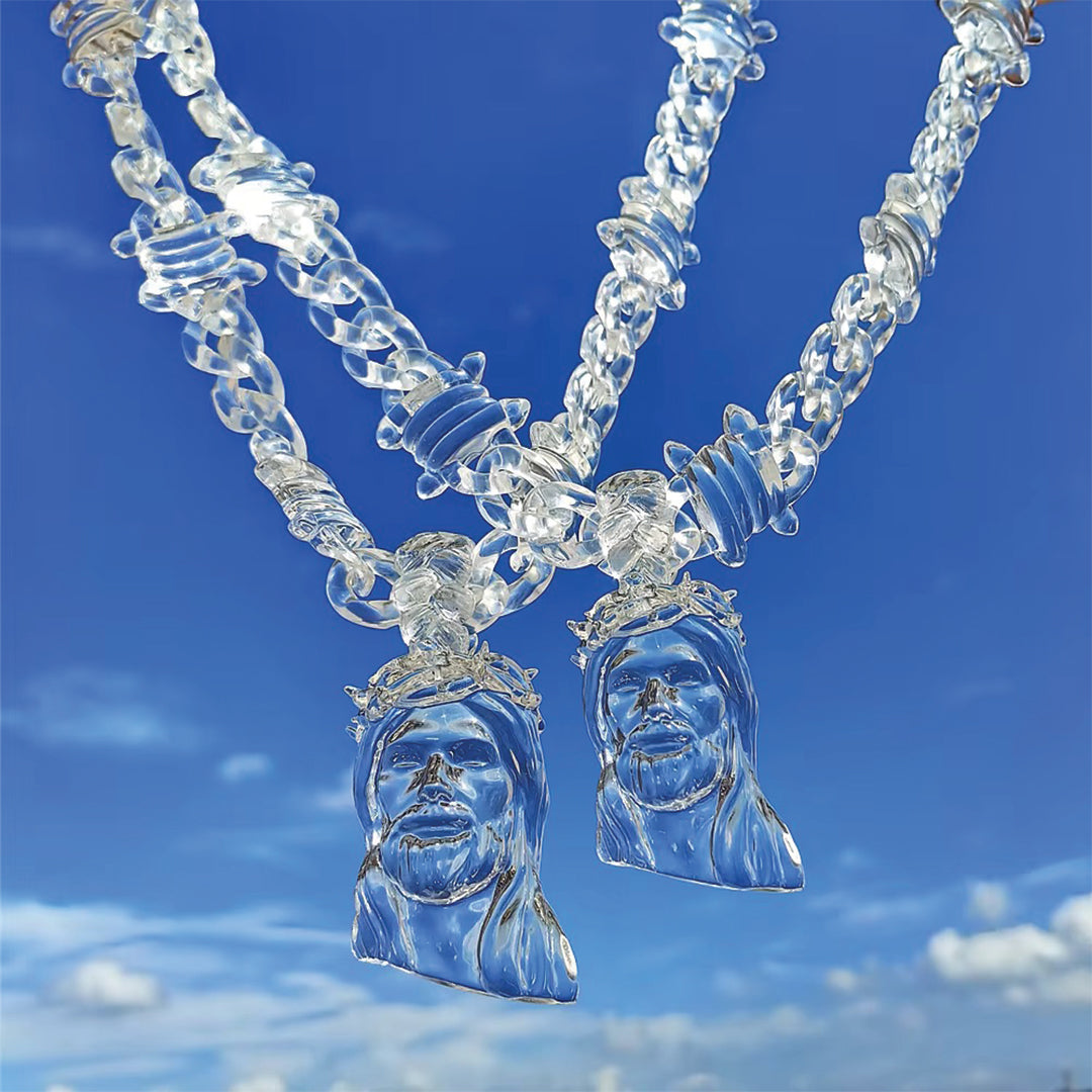 Crystal acrylic Jesus piece pendant on barbed wire chain, statement religious necklace, 2 sizes