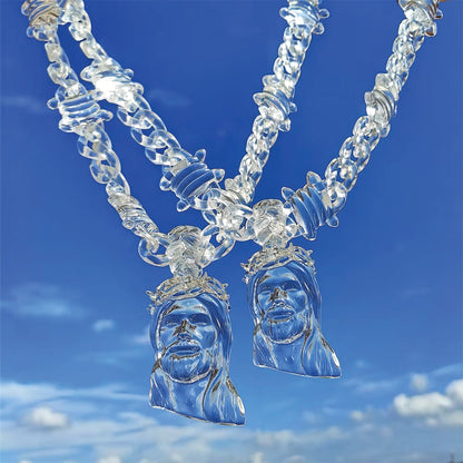 Crystal acrylic Jesus piece pendant on barbed wire chain, statement religious necklace, 2 sizes