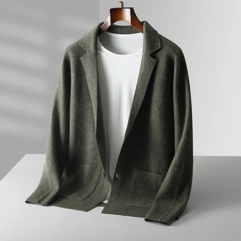 Men's wool cardigan tailored fit notched lapel patch pockets hip length heather gray