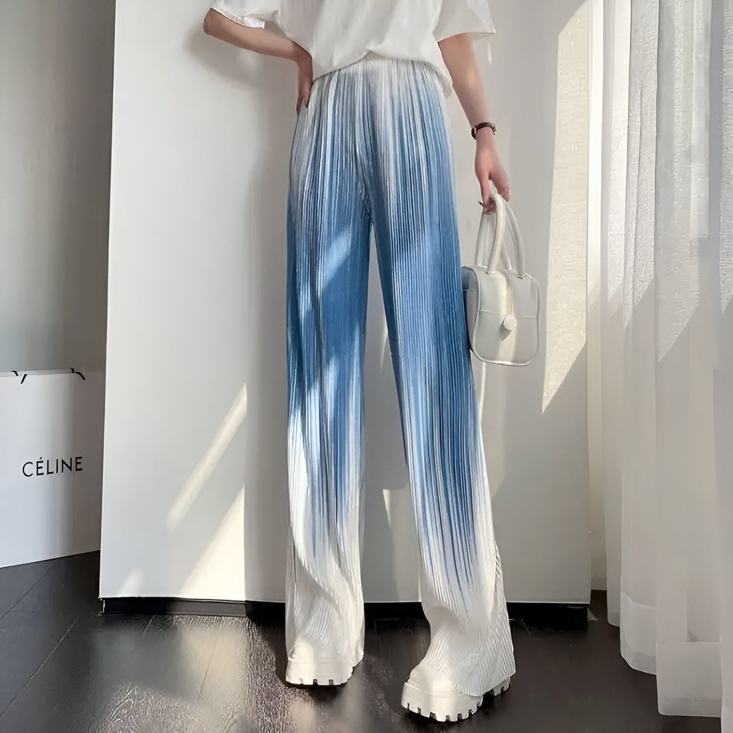 Ombre fade wide-leg pants with micro pleats, cinched high waist, and lightweight Ice Silk fabric
