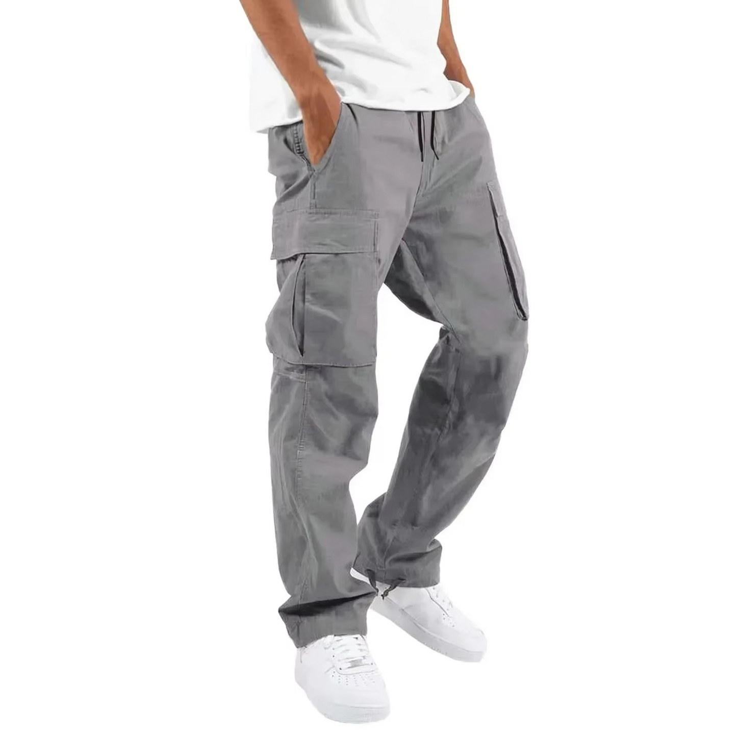 Men's solid cargo pants relaxed fit multi-pocket adjustable drawstring waist everyday comfort