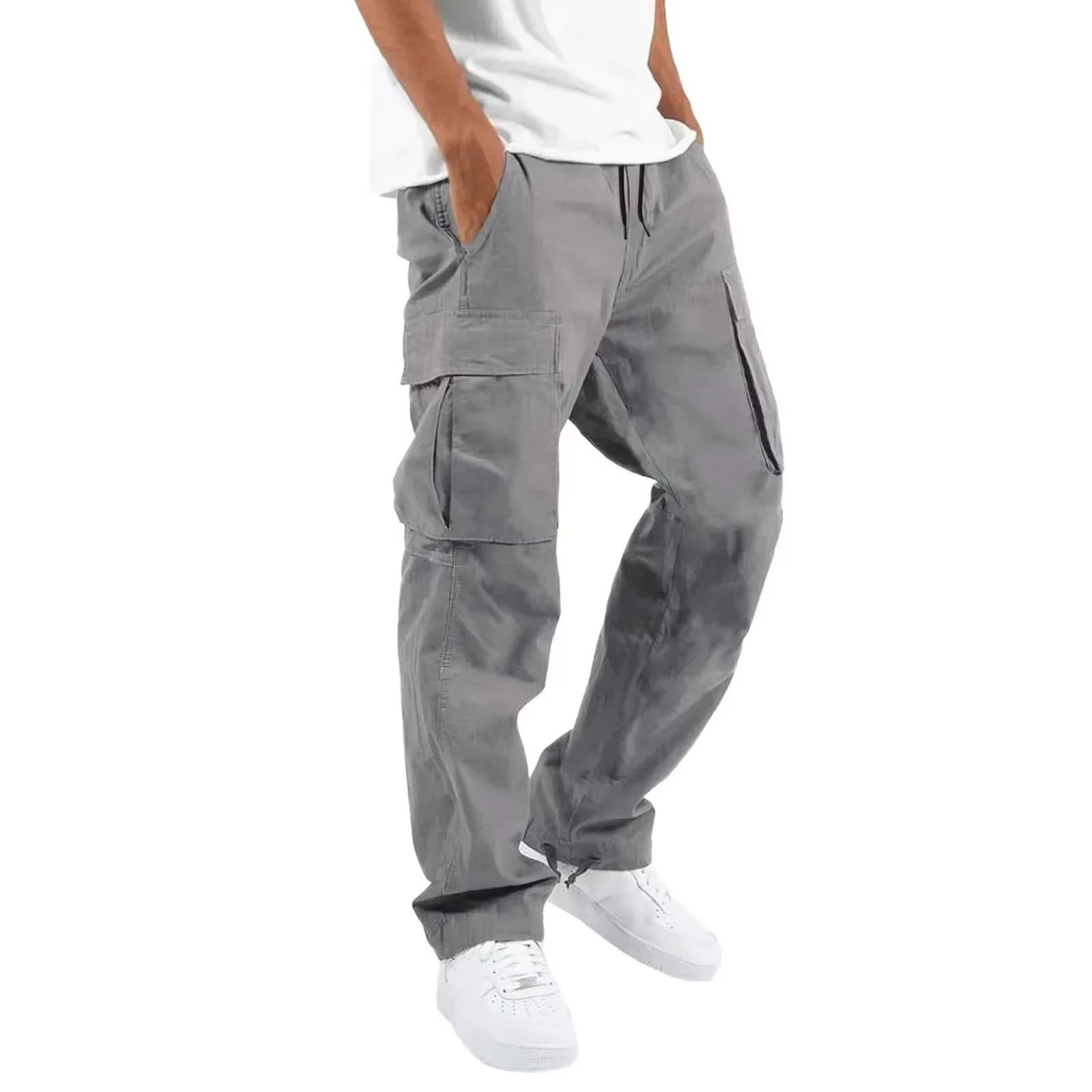 Men's solid cargo pants relaxed fit multi-pocket adjustable drawstring waist everyday comfort