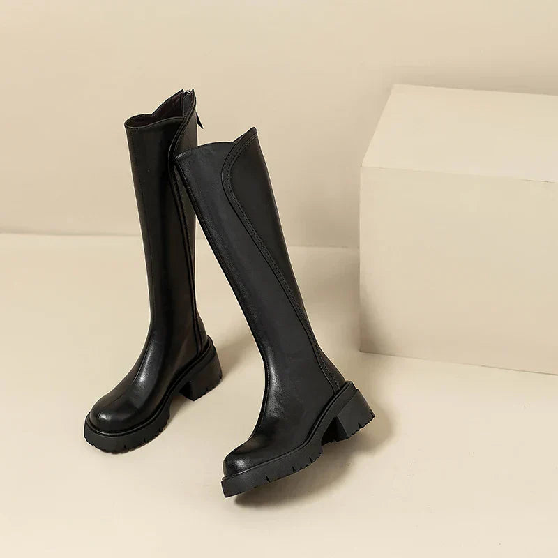 Women's knee-high brown comfort leather boots with premium leather upper and elegant silhouette