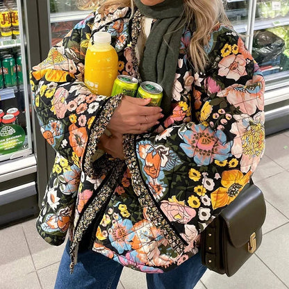 Women's floral quilted coat fleece-lined warm winter outerwear with vibrant botanical print