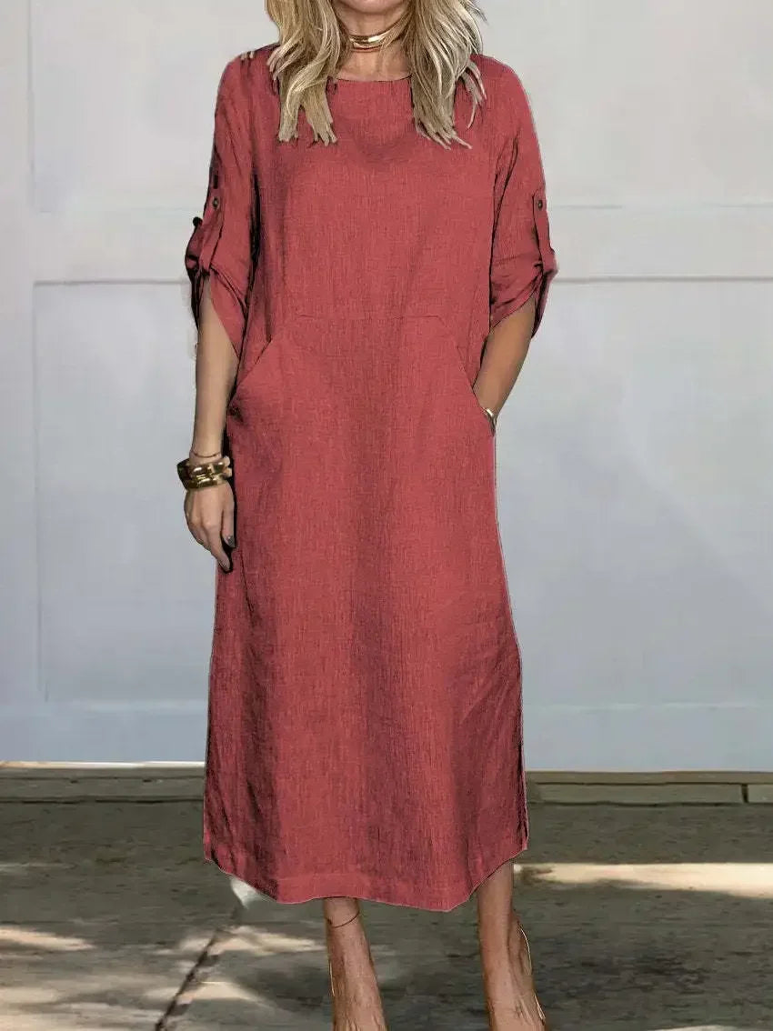 Women's A-line loose fit draped evening dress in a flowing silhouette with relaxed coastal-inspired style