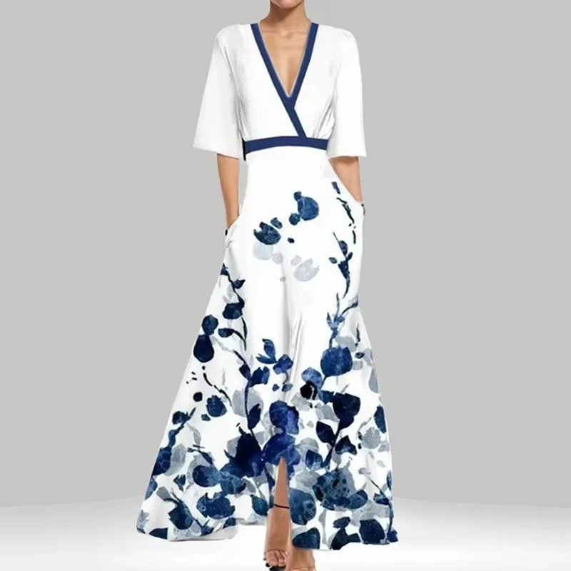 Women's ankle-length v-neck pleated maxi dress with elegant printed floral pattern and flowing silhouette