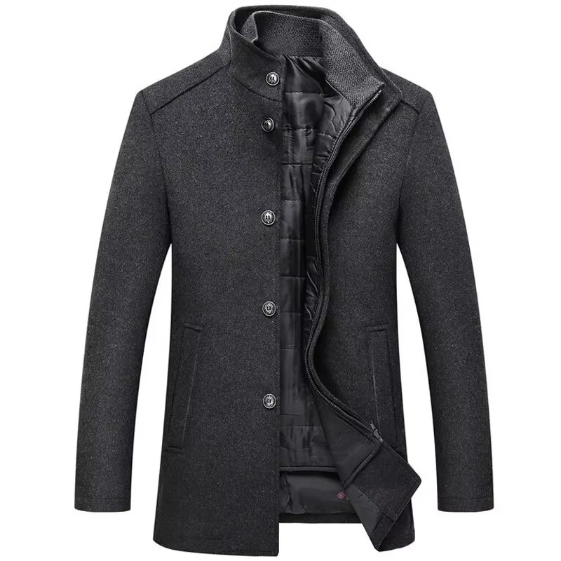 Men's navy long wool coat with stand collar and detachable vest for versatile winter layering