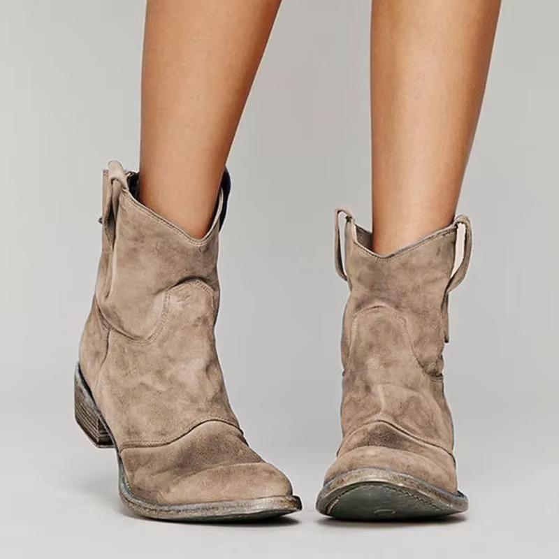 Women's vintage western ankle boots tan pointed toe low heel slip-on booties with cowboy detail
