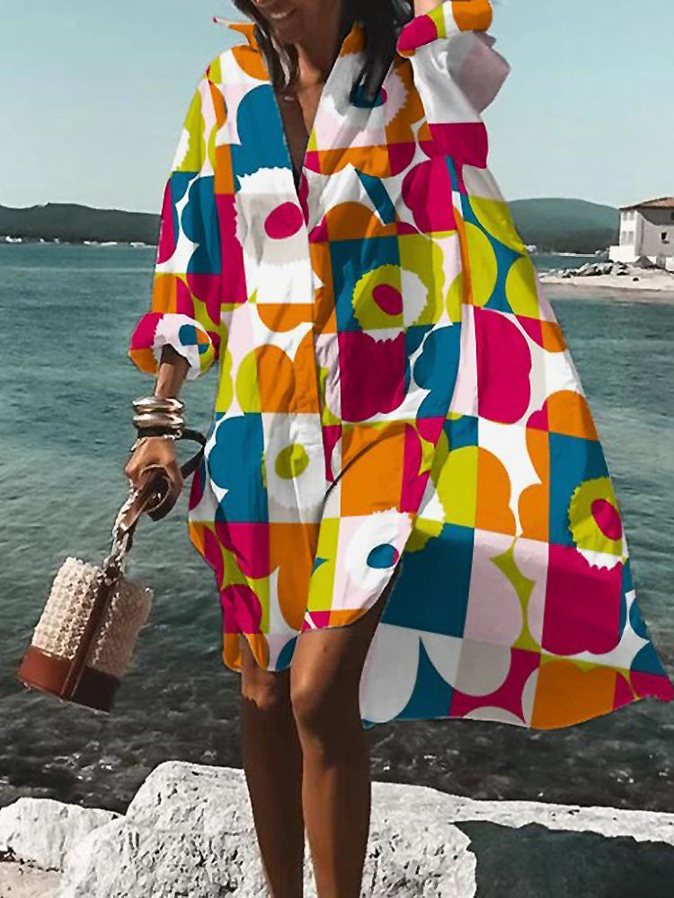 Floral midi shirt dress oversized silhouette vibrant print relaxed summer style