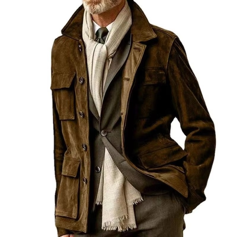 Retro mid-length men's khaki trench coat lapel collar single-breasted casual everyday style